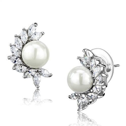 JCE1354 Rhodium Brass Earrings with Synthetic Pearl in White