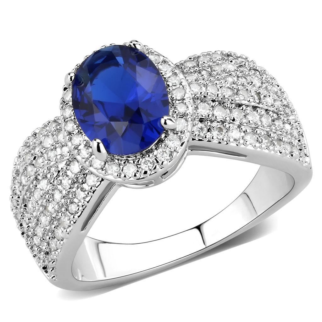 JCE1563 Rhodium Brass Ring with Synthetic Spinel in London Blue