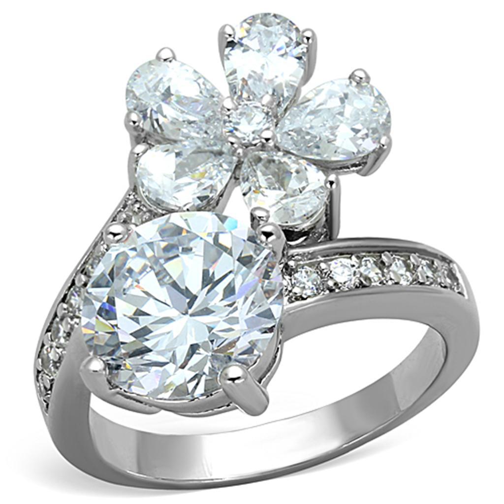 JCE576 Rhodium Brass Ring with AAA Grade CZ  in Clear