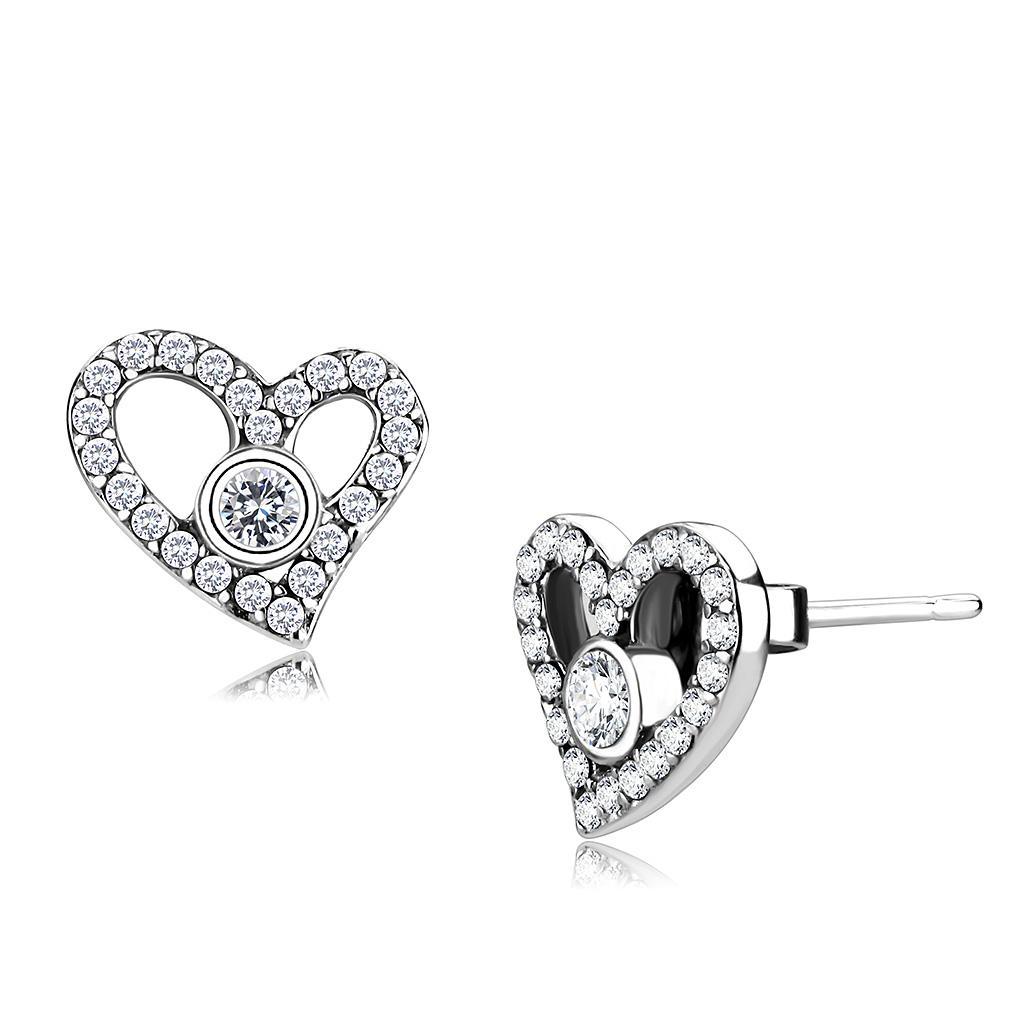 JCE075 High polished (no plating) Stainless Steel Earrings with AAA Grade CZ  in Clear