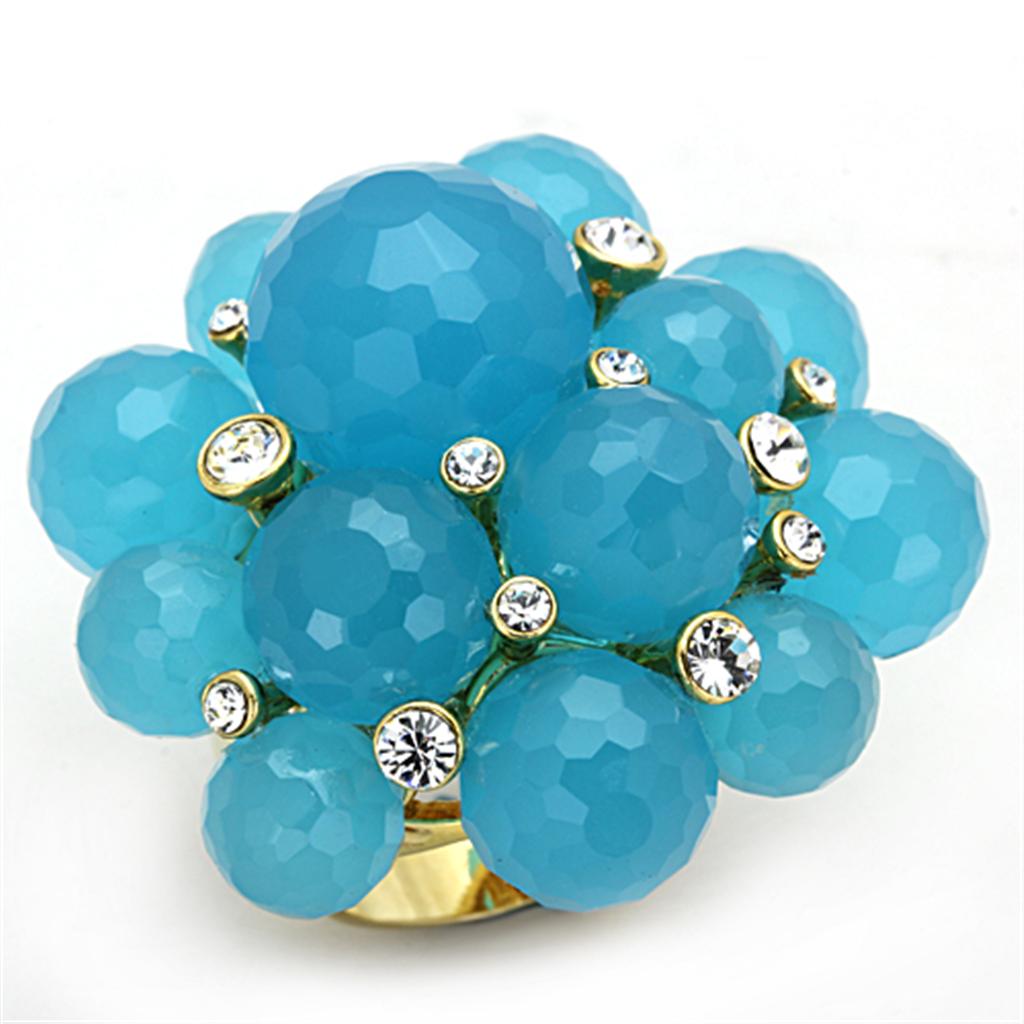 JCE3212 Gold Brass Ring with Synthetic Synthetic Glass in Sea Blue