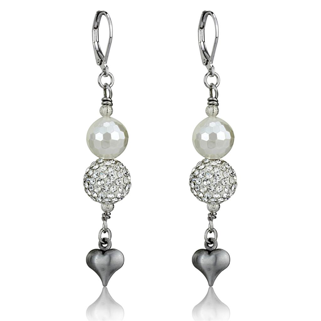 JCE3804 Antique Silver White Metal Earrings with Synthetic Glass Bead in White