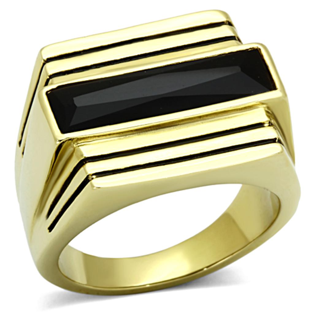 JCE1188 IP Gold(Ion Plating) Stainless Steel Ring with Synthetic Synthetic Glass in Jet