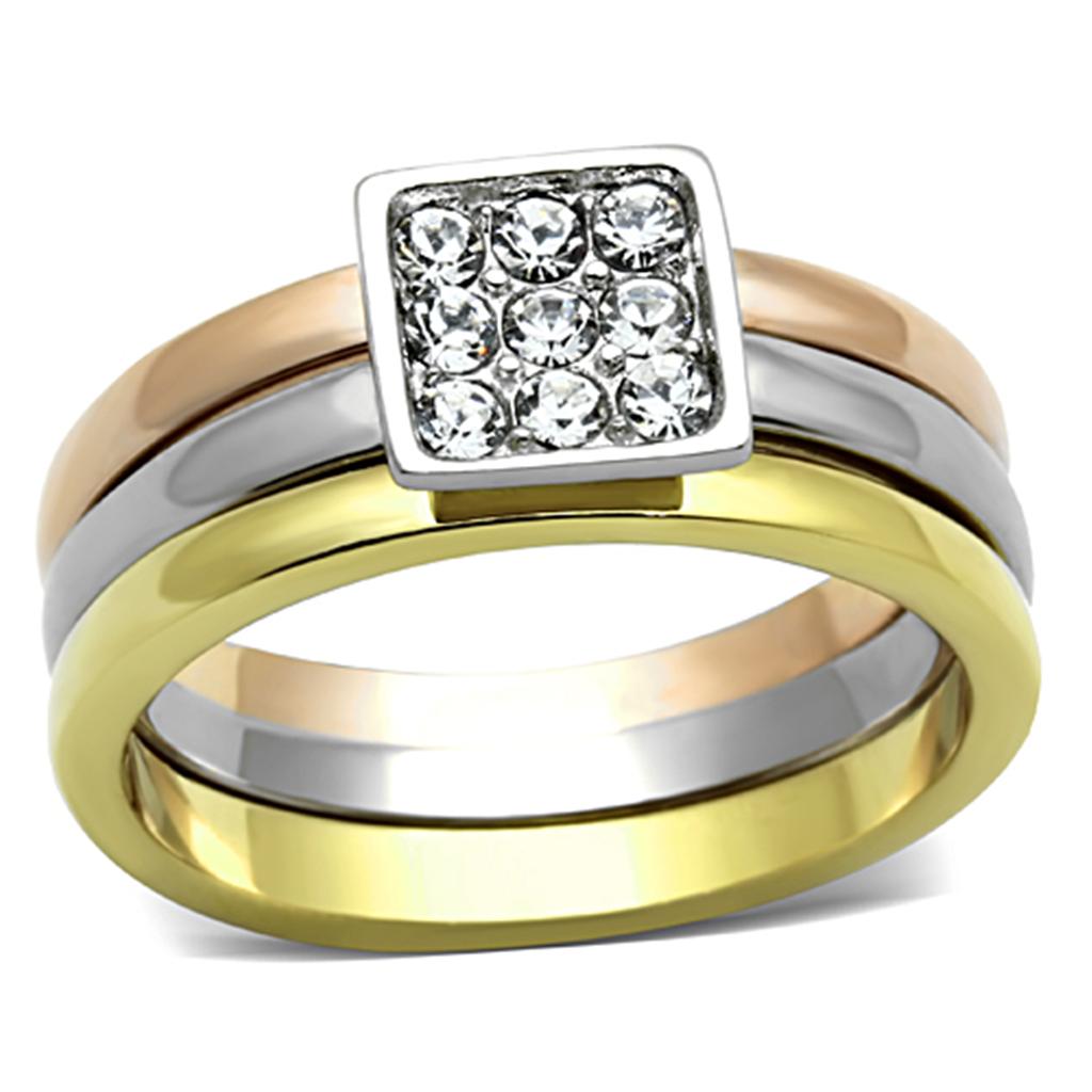 JCE1277 Three Tone IP+»-+-åIP Gold & IP Rose Gold & High Polished) Stainless Steel Ring with Top Grade Crystal  in Clear