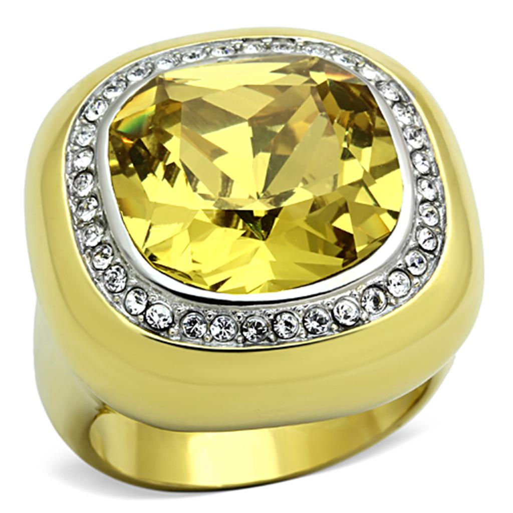 JCE1285 Two-Tone IP Gold (Ion Plating) Stainless Steel Ring with Synthetic Synthetic Glass in Topaz
