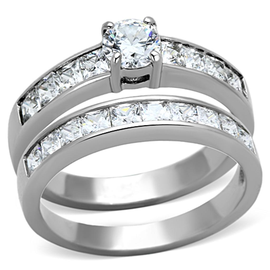 JCE1321 High polished (no plating) Stainless Steel Ring with AAA Grade CZ  in Clear