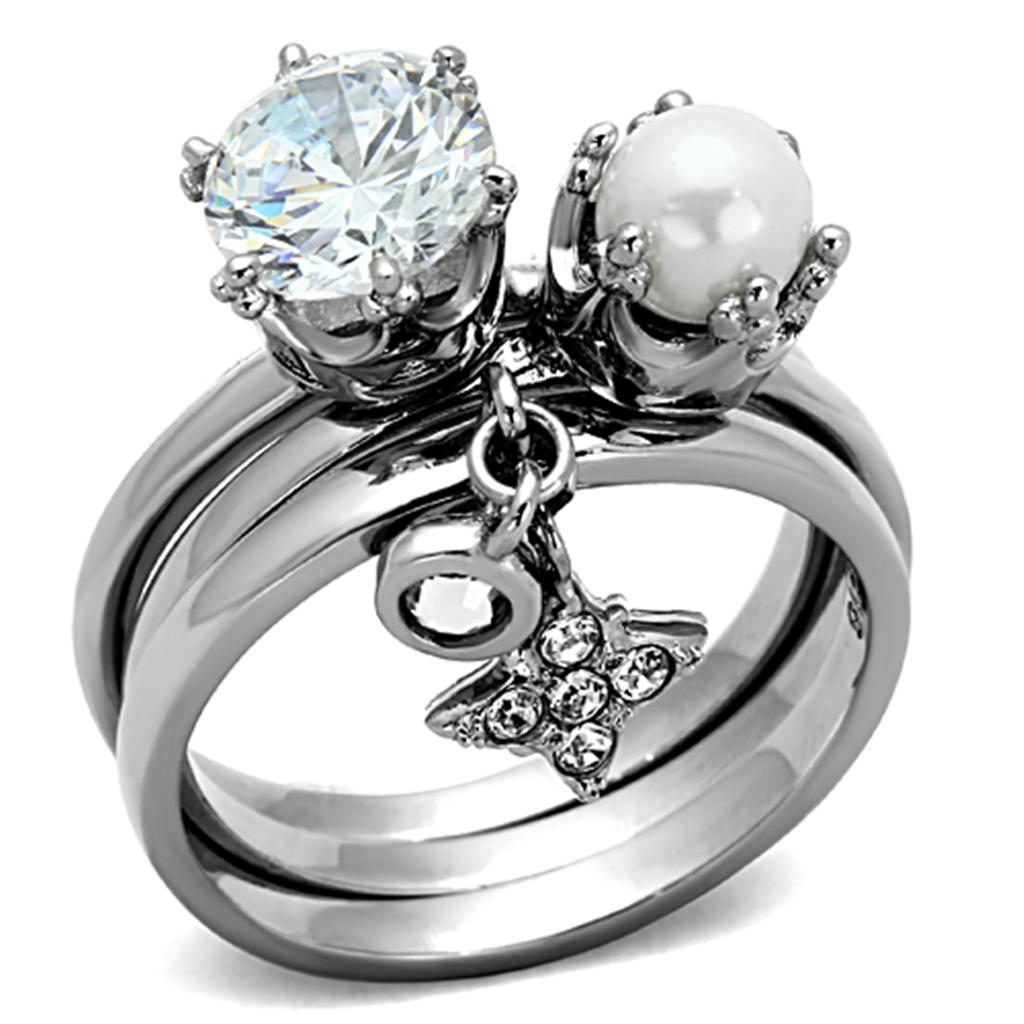 JCE1497 High polished (no plating) Stainless Steel Ring with AAA Grade CZ  in Clear