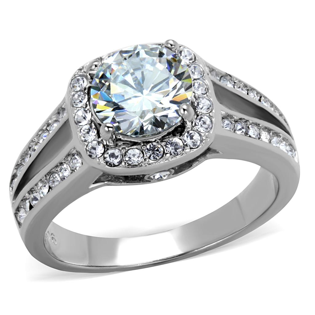 JCE2043 High polished (no plating) Stainless Steel Ring with AAA Grade CZ  in Clear
