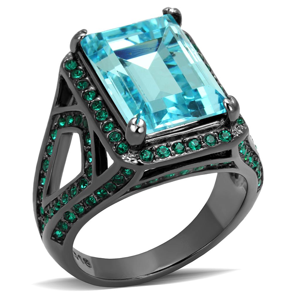 JCE2988 IP Light Black  (IP Gun) Stainless Steel Ring with Top Grade Crystal  in Sea Blue