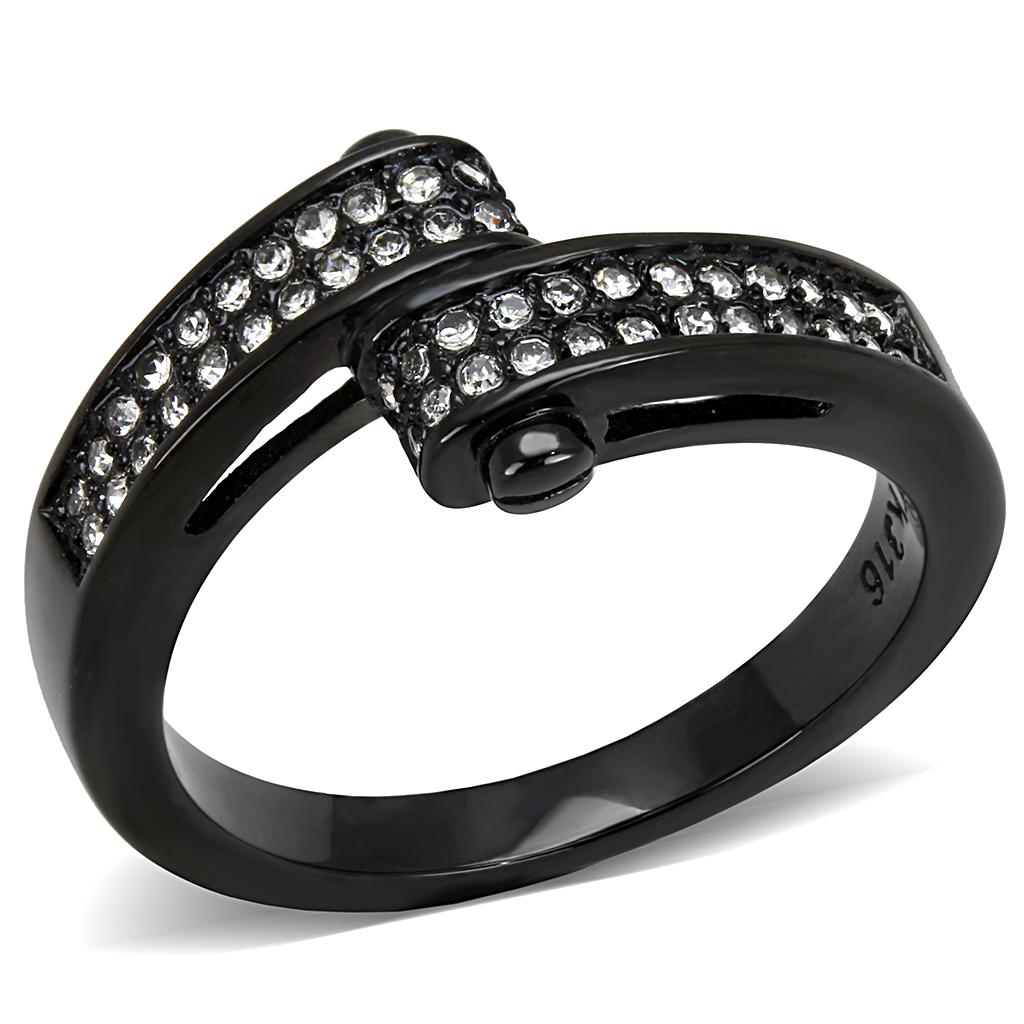 JCE3049 IP Black(Ion Plating) Stainless Steel Ring with Top Grade Crystal  in Clear