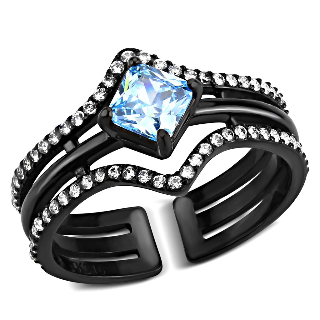 JCE3562 IP Black(Ion Plating) Stainless Steel Ring with AAA Grade CZ  in Sea Blue