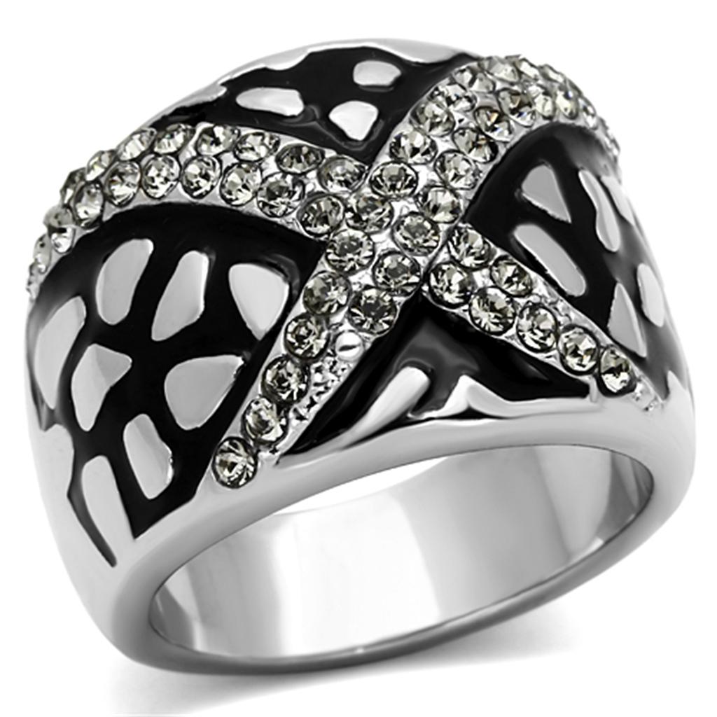 JCE921 High polished (no plating) Stainless Steel Ring with Top Grade Crystal  in Black Diamond