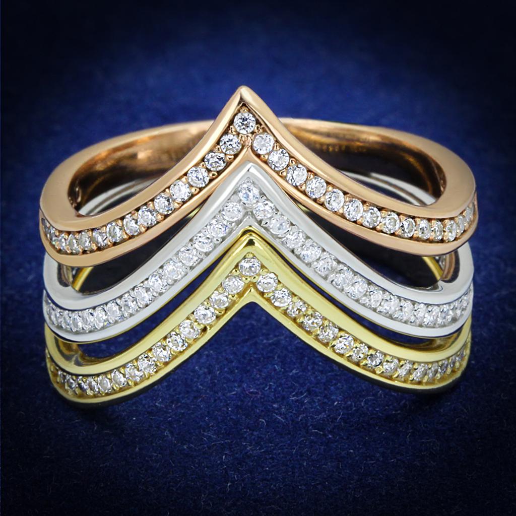 JCE416 Rhodium + Gold + Rose Gold 925 Sterling Silver Ring with AAA Grade CZ  in Clear